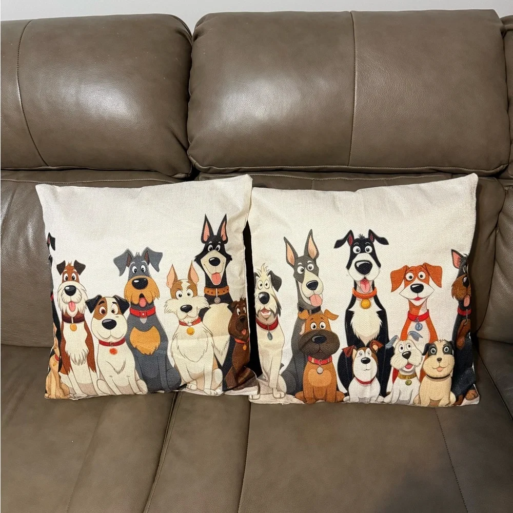 white throw pillow cover featuring a cartoon illustration of several dogs 18x18